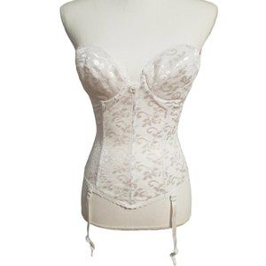 hite floral lace corset with boning to create a slimming figure